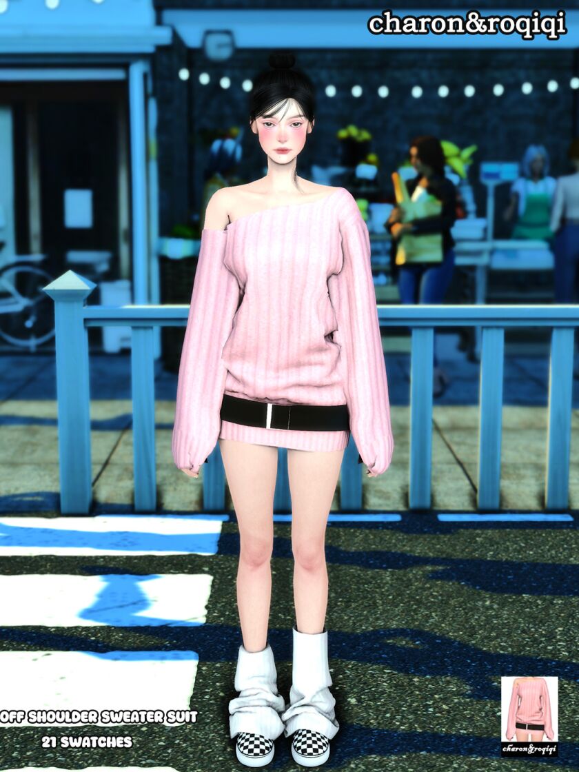 Chic Off Shoulder Sweater Suit 1 Chic Off Shoulder Sweater Suit Sims 4 CC