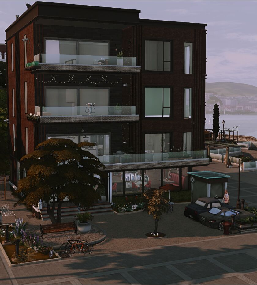 Modern Apartment Complex with Yoga Room and Cafe 3 sims 4 cc apartments cafes gym yoga room nocc 23