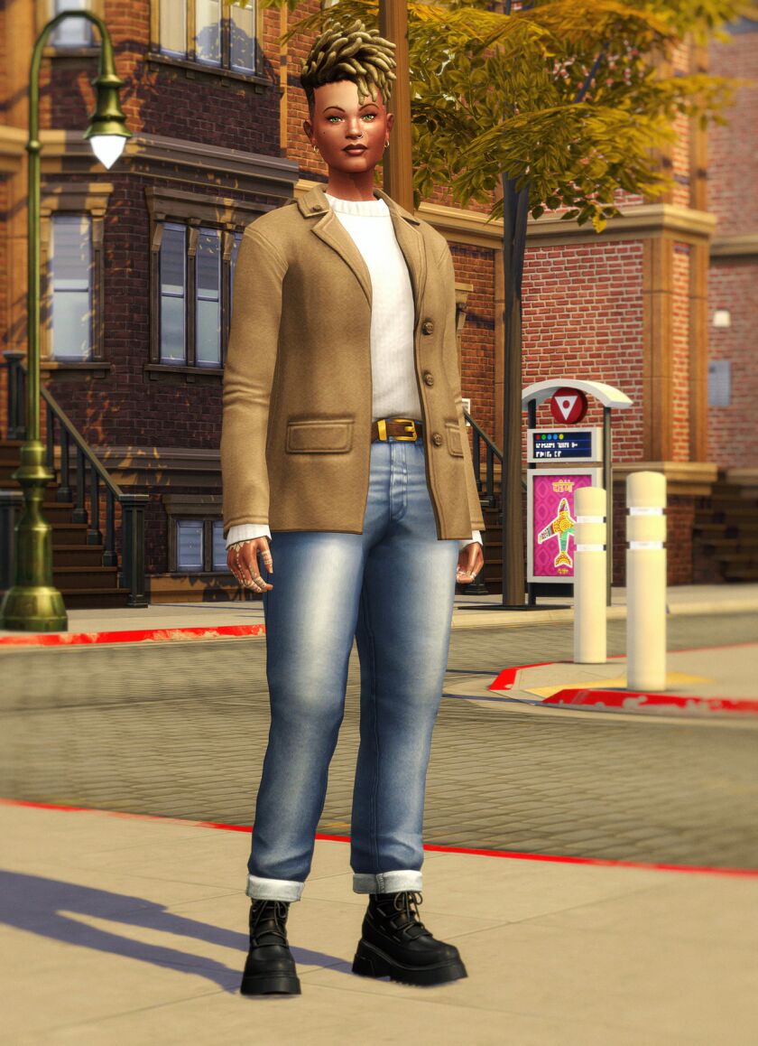 Autumn City III - Stylish Full-Body Outfits 7 sims 4 cc autumn city iii alexis jacket with trousers 11