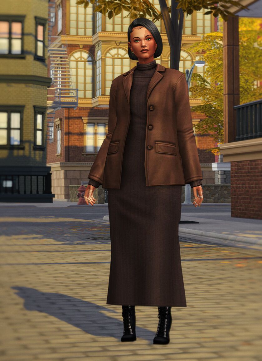 Autumn City III - Stylish Full-Body Outfits 3 sims 4 cc autumn city iii alexis jacket with trousers 13