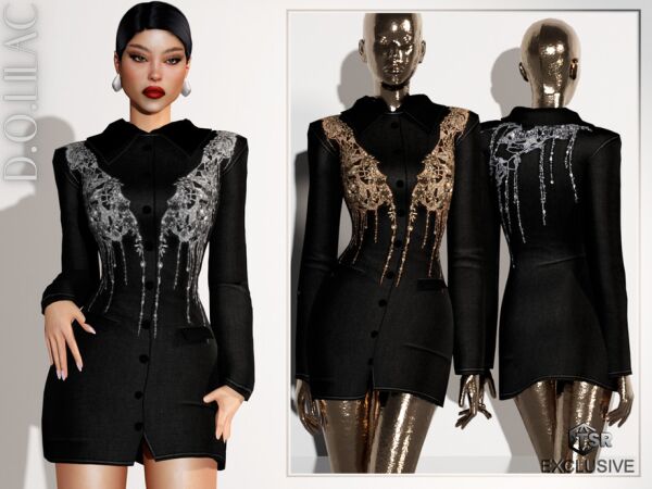 Embroidered Twill Jacket Dress by Dolilac 1 Embroidered Twill Jacket Dress by Dolilac Sims 4 CC