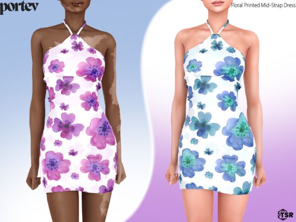 Floral Printed Mid-Strap Dress by Portev 1 Floral Printed Mid-Strap Dress by Portev Sims 4 CC