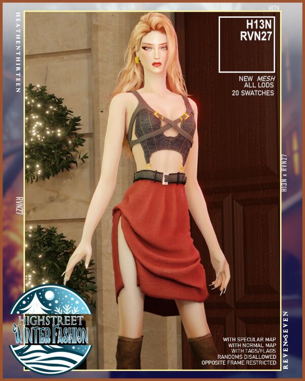 High Slit Belted Front Buttoned Pocket Tweed Skirt 1 High Slit Belted Front Buttoned Pocket Tweed Skirt Sims 4 CC