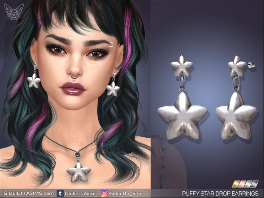 Puffed Star Earrings And Pendant Cord Choker 1 Puffed Star Earrings And Pendant Cord Choker Sims 4 CC