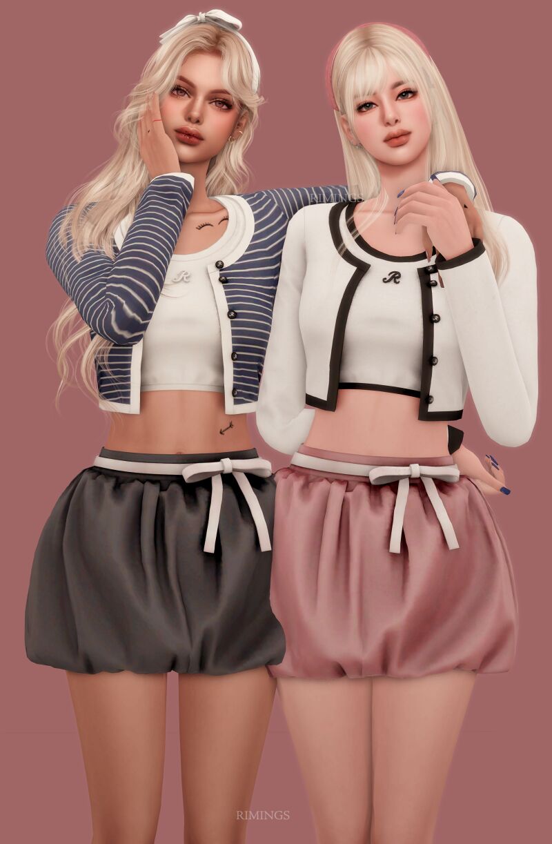 Chic Crop Cardigan & Belted Balloon Skirt 2 sims 4 cc rimings crop cardigan r logo top bow belted balloon skirt 4