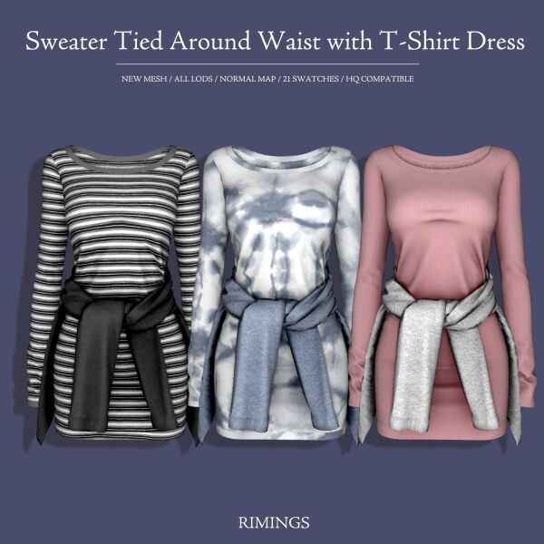 Sweater Tied Around Waist with T-Shirt Dress 1 Sweater Tied Around Waist with T-Shirt Dress Sims 4 CC