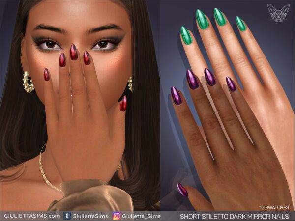 Stylish Short Stiletto Dark Mirror Nails 1 Stylish Short Stiletto Dark Mirror Nails Sims 4 CC