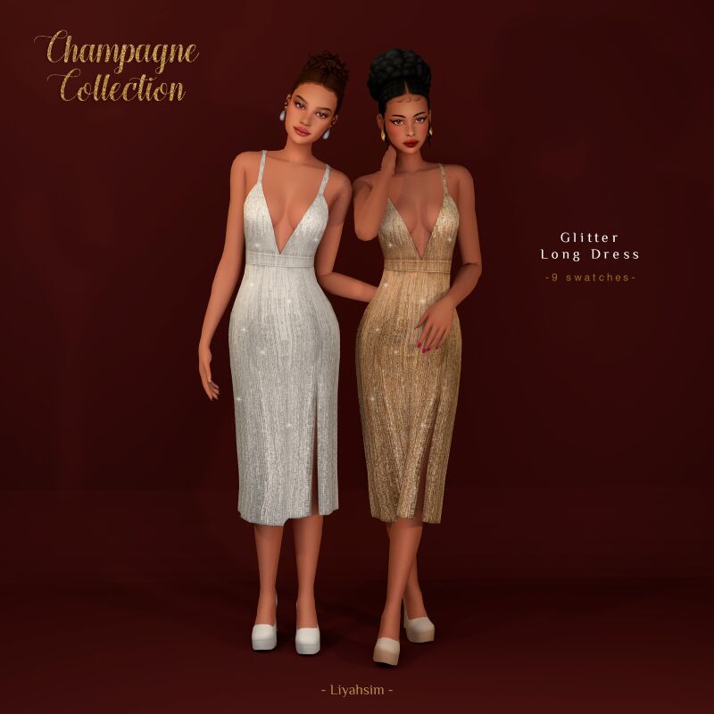 Champagne Collection - Glitter Long Dress 3 sims 4 cc champagne collection glitter long dress by liyahsim 2