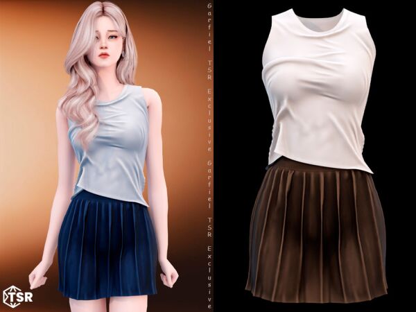 Philomena - Asymmetrical Wet-Look Top and Pleated Skirt 1 Philomena – Asymmetrical Wet-Look Top and Pleated Skirt Sims 4 CC