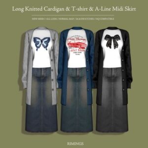Stylish Long Knitted Cardigan & Midi Skirt Sims 4 CC