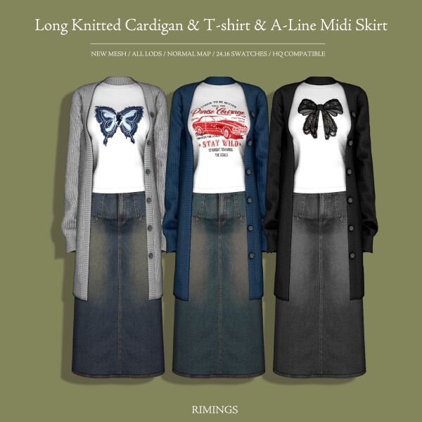 Stylish Long Knitted Cardigan & Midi Skirt 1 Stylish Long Knitted Cardigan & Midi Skirt Sims 4 CC
