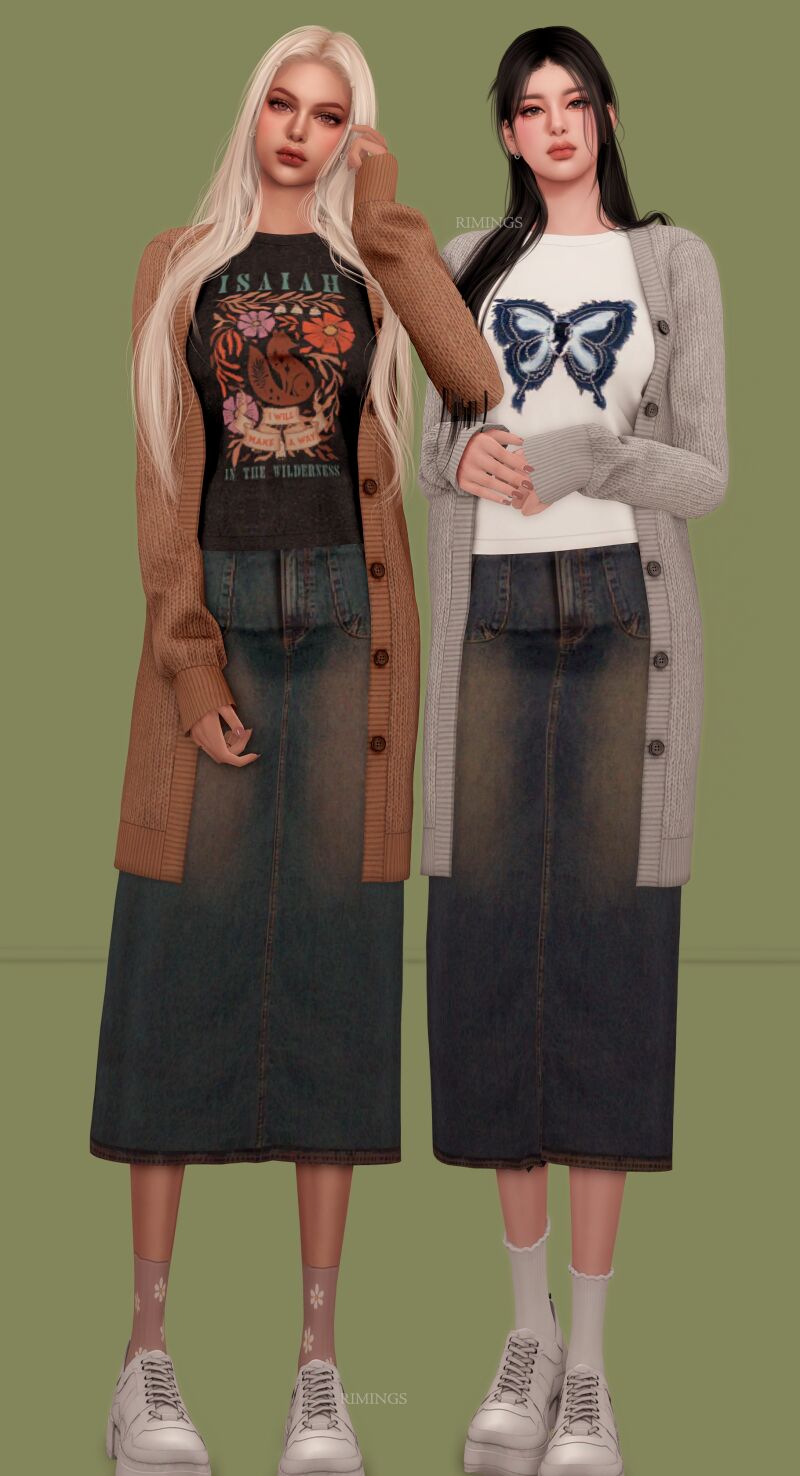 Stylish Long Knitted Cardigan & Midi Skirt 4 sims 4 cc rimings long knitted cardigan t shirt a line midi skirt 3