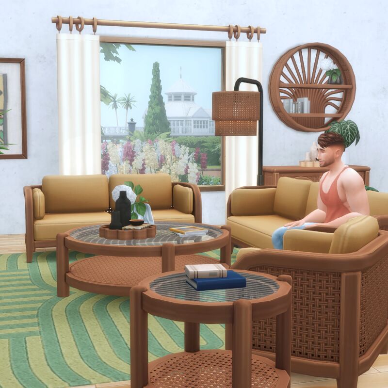 Sohma Living - Rattan Living-Room Set with 14 Items and 1 Wallpaper 2 sims 4 cc sohma living rattan living room set with 14 items and 1 wallpaper by peacemakeric 2