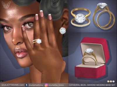 Stunning Bezel Cathedral Setting Diamond Wedding Band Set Sims 4 CC