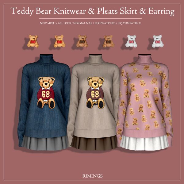 [Rimings] Teddy Bear Knitwear & Pleats Skirt & Earring Sims 4 CC
