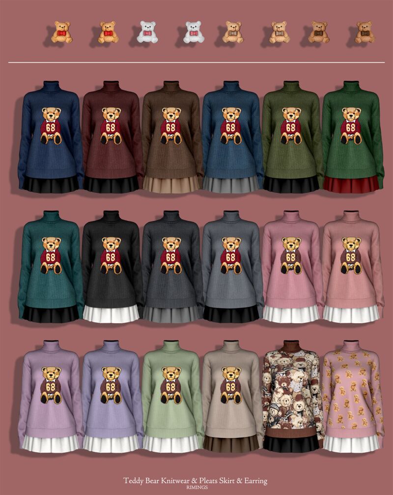 sims 4 cc rimings teddy bear knitwear pleats skirt earring 2