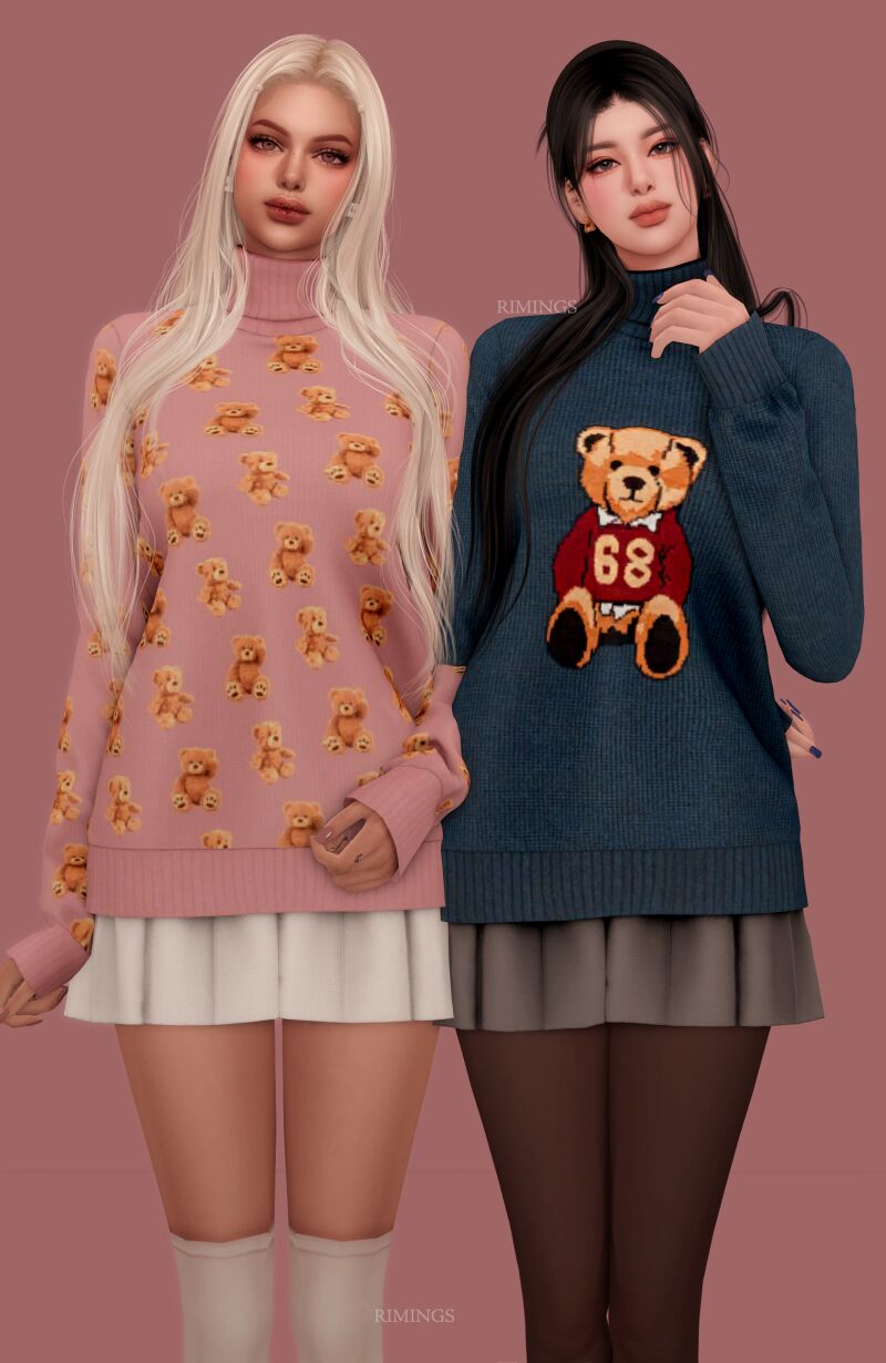 sims 4 cc rimings teddy bear knitwear pleats skirt earring 3