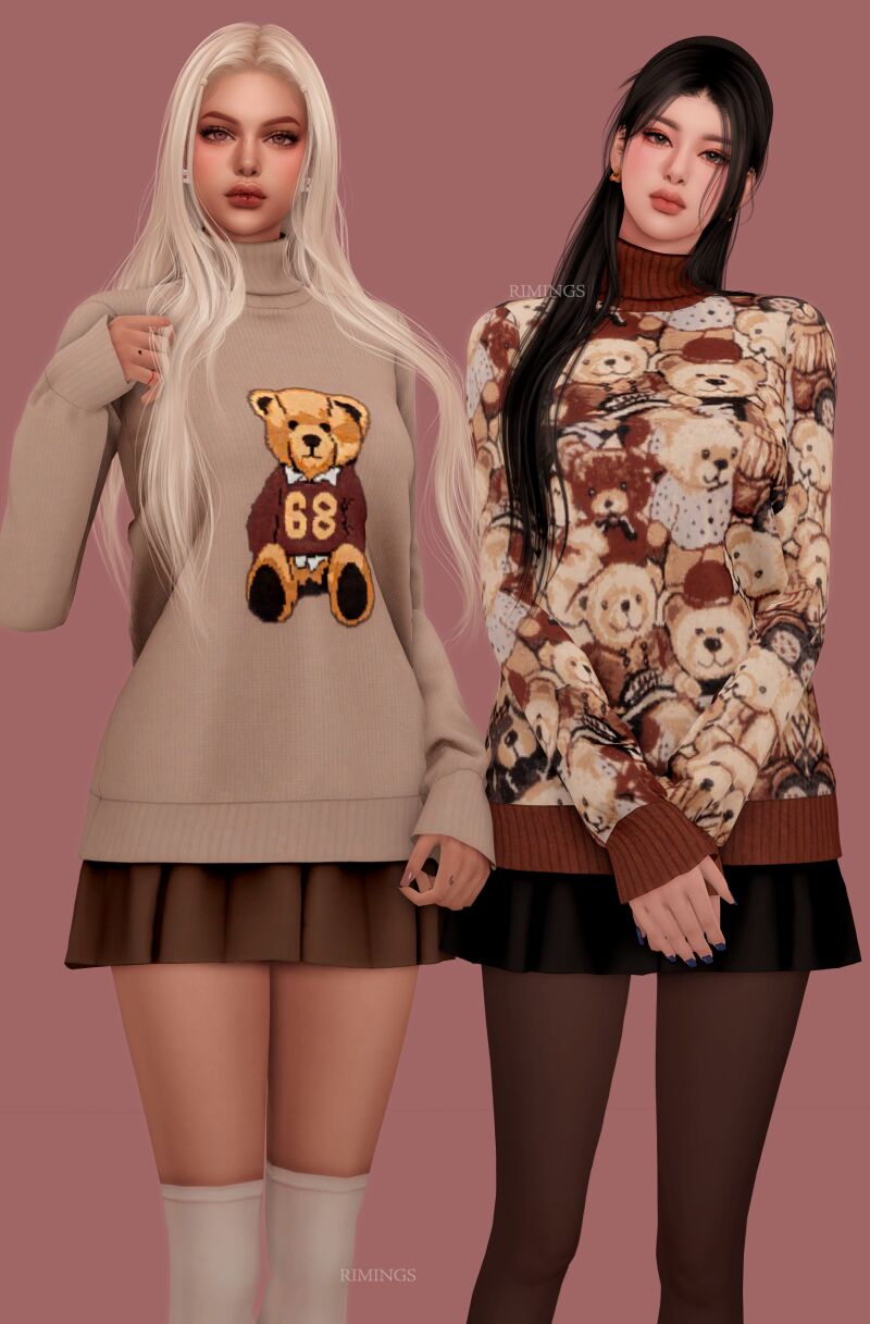 sims 4 cc rimings teddy bear knitwear pleats skirt earring 4