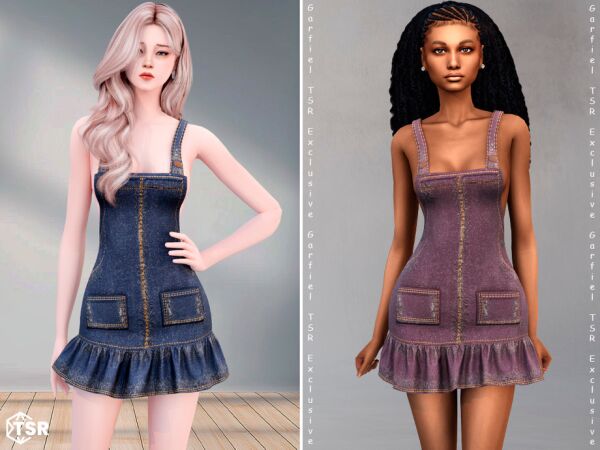 Stylish Ruffled Denim Dress Sims 4 CC